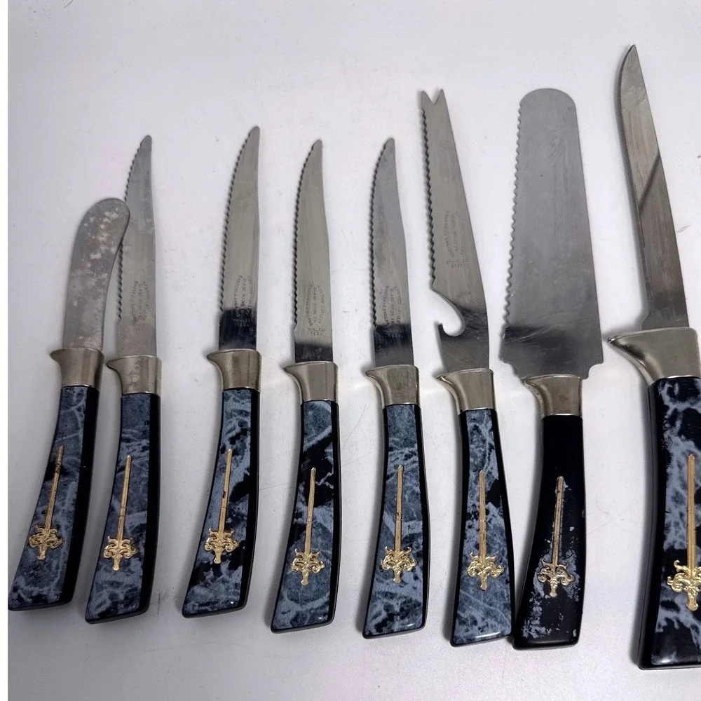 Lifetime Cutlery Knife Set Vintage 8pc Black Marble Gold Fleur De Lis Sheffield